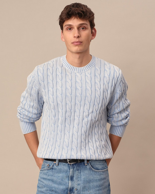 Acid Washed Cotton Cable Knit Sweater Light Blue