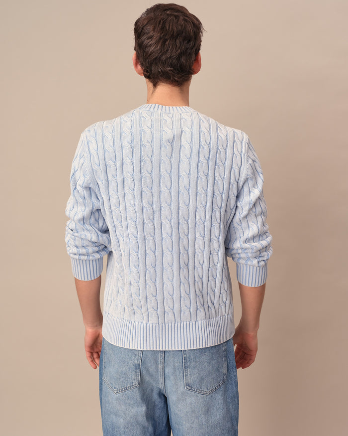 Acid Washed Cotton Cable Knit Sweater Light Blue