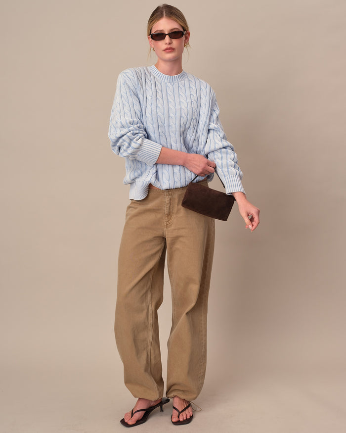 Acid Washed Cotton Cable Knit Sweater Light Blue
