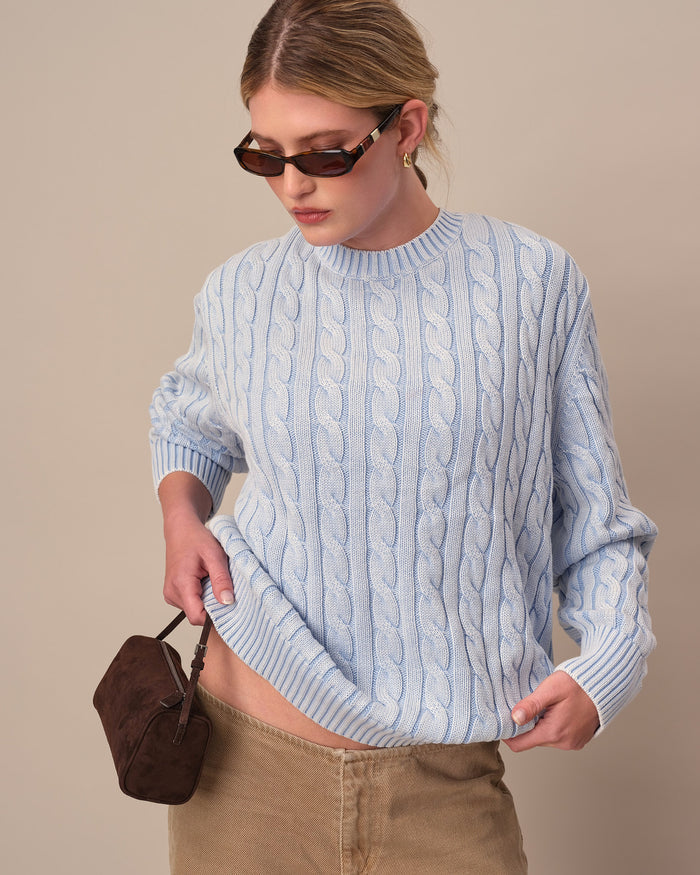 Acid Washed Cotton Cable Knit Sweater Light Blue