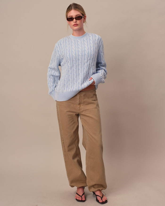 Acid Washed Cotton Cable Knit Sweater Light Blue