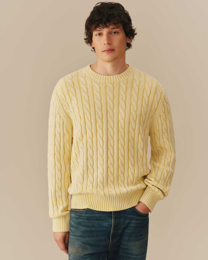 Acid Washed Cotton Cable Knit Sweater Yellow