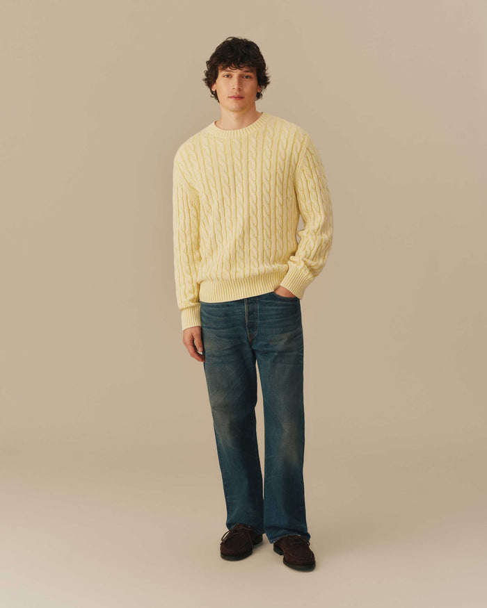 Acid Washed Cotton Cable Knit Sweater Yellow