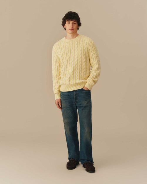 Acid Washed Cotton Cable Knit Sweater Yellow