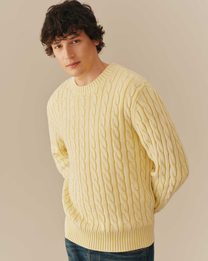 Acid Washed Cotton Cable Knit Sweater Yellow