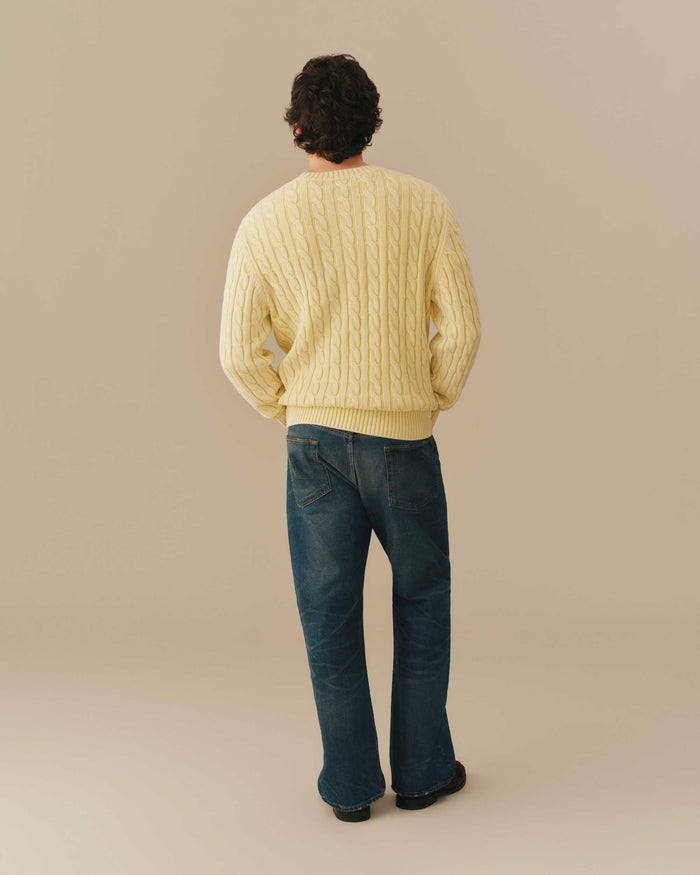 Acid Washed Cotton Cable Knit Sweater Yellow