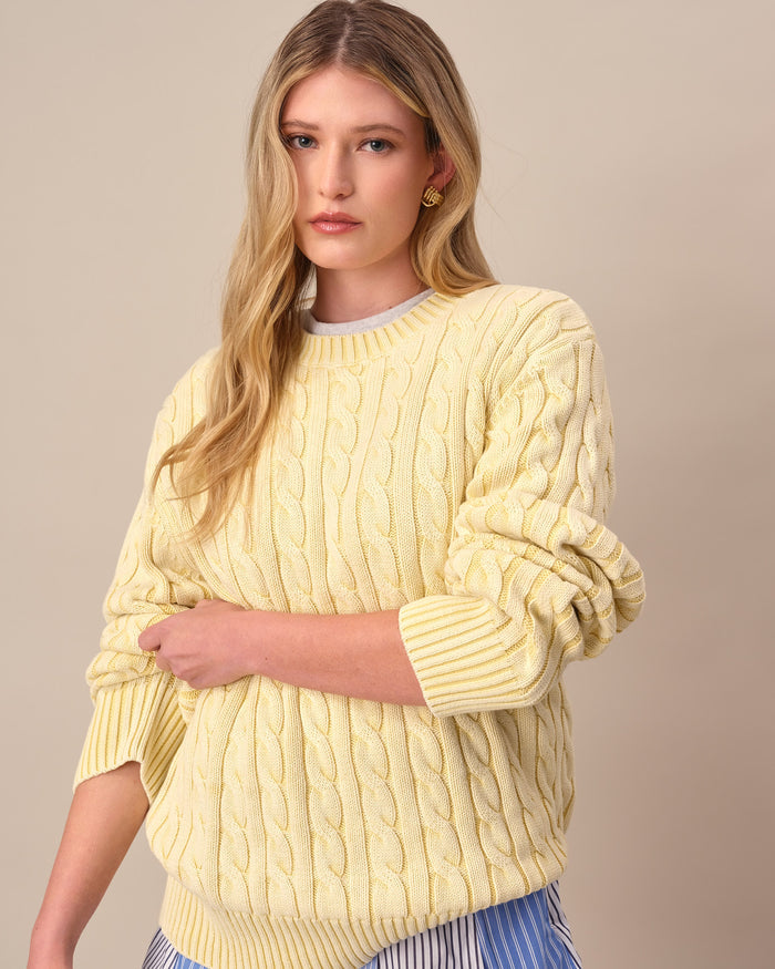 Acid Washed Cotton Cable Knit Sweater Yellow