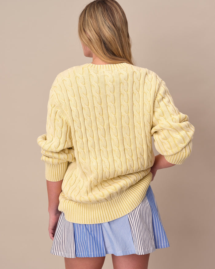 Acid Washed Cotton Cable Knit Sweater Yellow