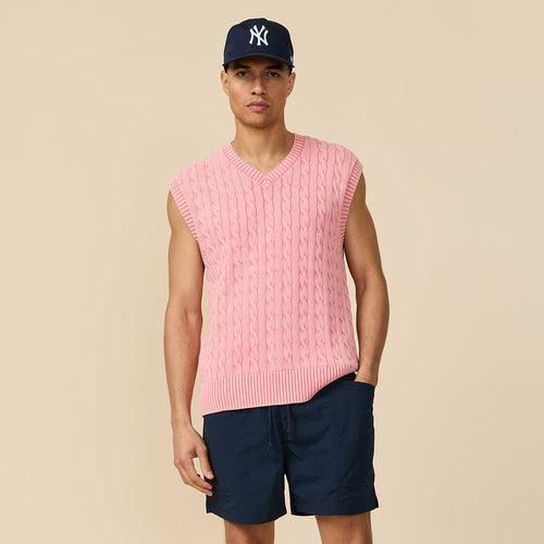 Acid Washed Cotton Cableknit Sweater Vest Pink