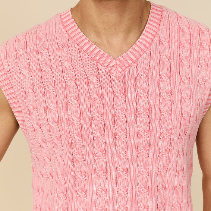 Acid Washed Cotton Cableknit Sweater Vest Pink