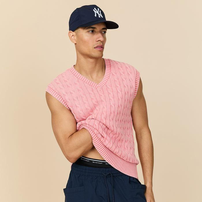 Acid Washed Cotton Cableknit Sweater Vest Pink