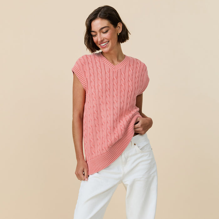 Acid Washed Cotton Cableknit Sweater Vest Pink