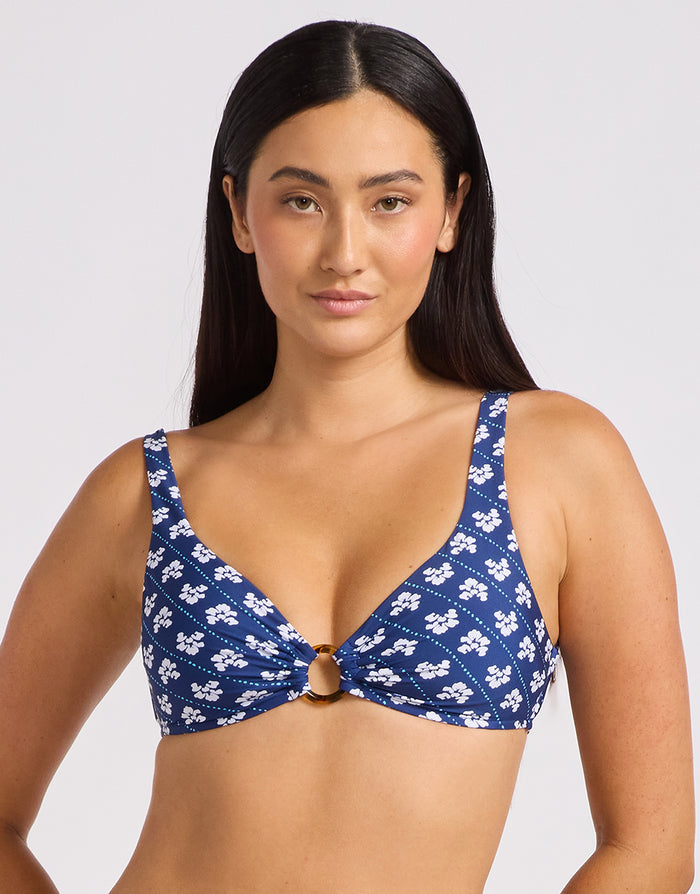Batik Bloom Multi-fit Ring Front Bikini Top - Classic Navy