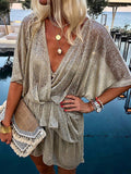 Batwing Sleeve V Neck Ruffled Casual Mini Dress