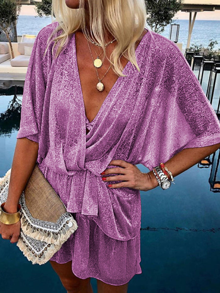 Batwing Sleeve V Neck Ruffled Casual Mini Dress