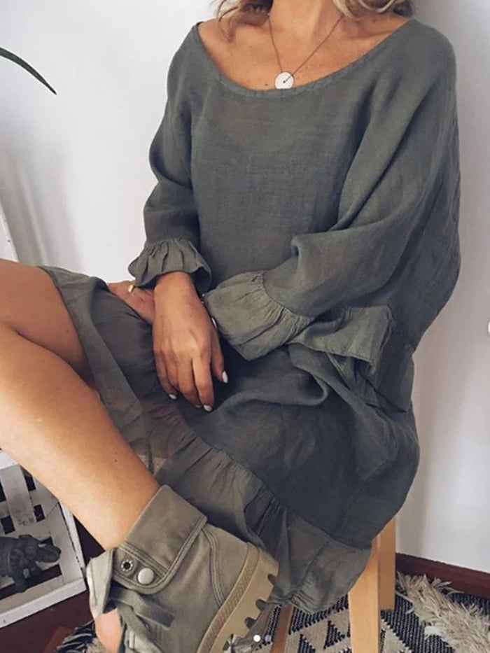 Bell Sleeve Round Neck Midi Dresses