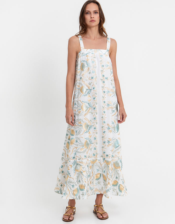 Greek Archaic Kori Blossom Wide Strap Dress - White and Multi Green - Simply Beach UK