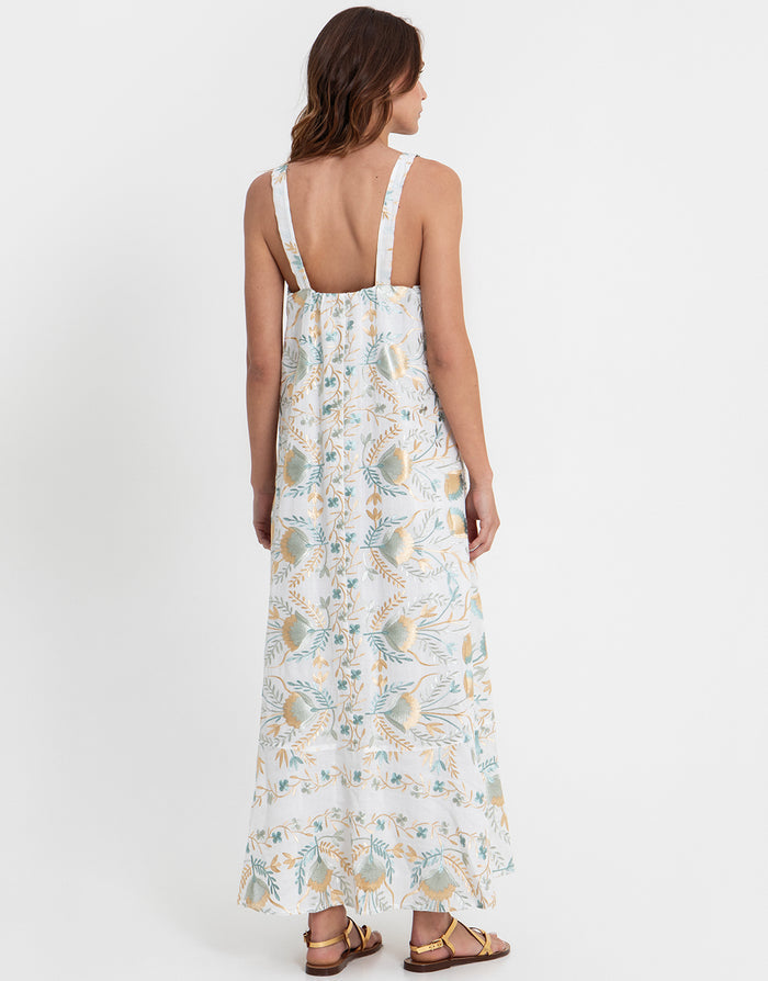 Greek Archaic Kori Blossom Wide Strap Dress - White and Multi Green - Simply Beach UK