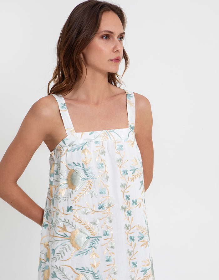 Greek Archaic Kori Blossom Wide Strap Dress - White and Multi Green - Simply Beach UK