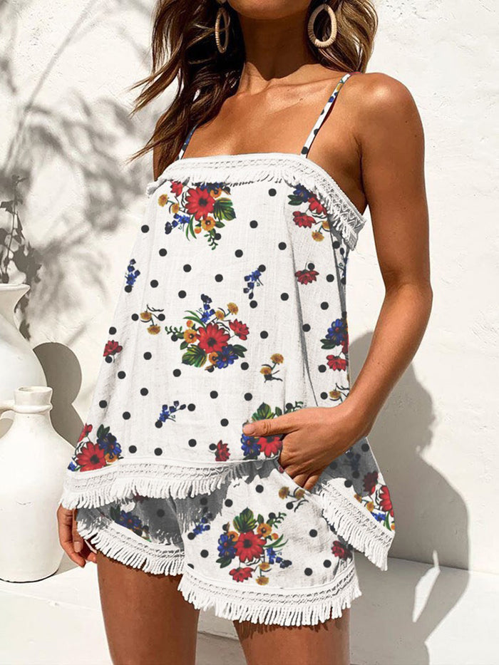 Bohemian Casual Loose Strap Tops Shorts Floral Suit
