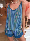 Bohemian Casual Loose Suspenders Tops Shorts Striped Suit