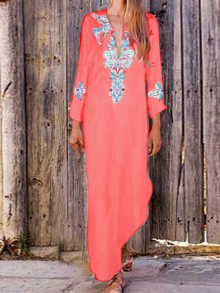 Bohemian Casual Loose V-Neck Floral Dress