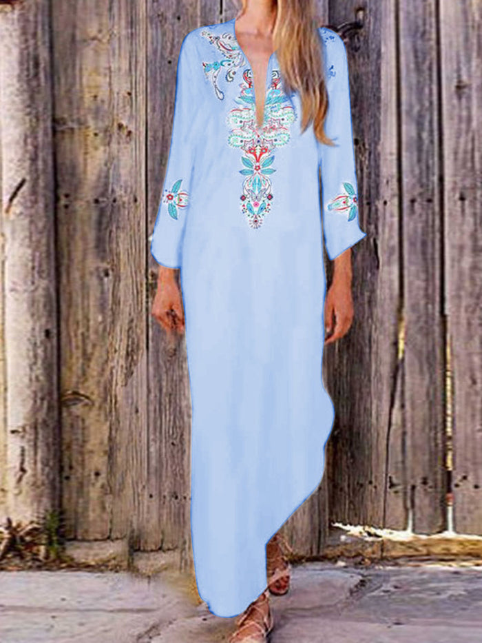 Bohemian Casual Loose V-Neck Floral Dress
