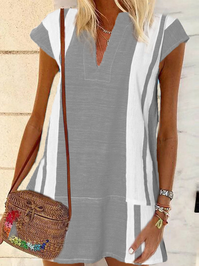 Bohemian Casual Loose V Neck Striped Dress
