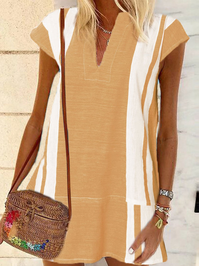 Bohemian Casual Loose V Neck Striped Dress