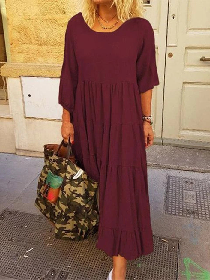 Bohemian Casual Solid Long Sleeve Maxi Dress