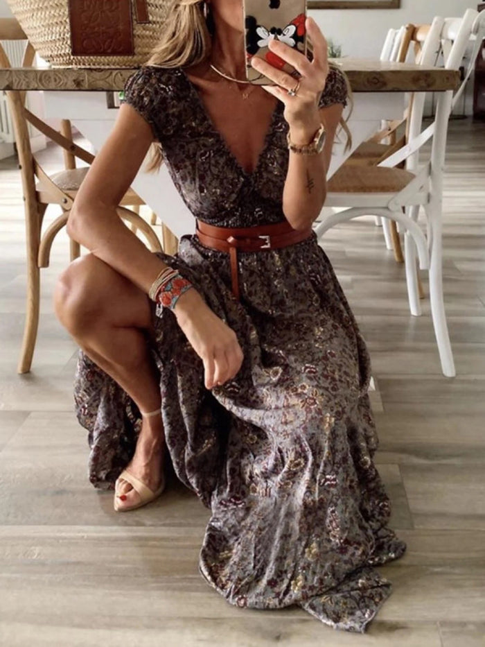Bohemian Deep V Neck Petal Sleeve Printed Maxi Dress