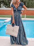 Bohemian Deep V Neck Petal Sleeve Printed Maxi Dress