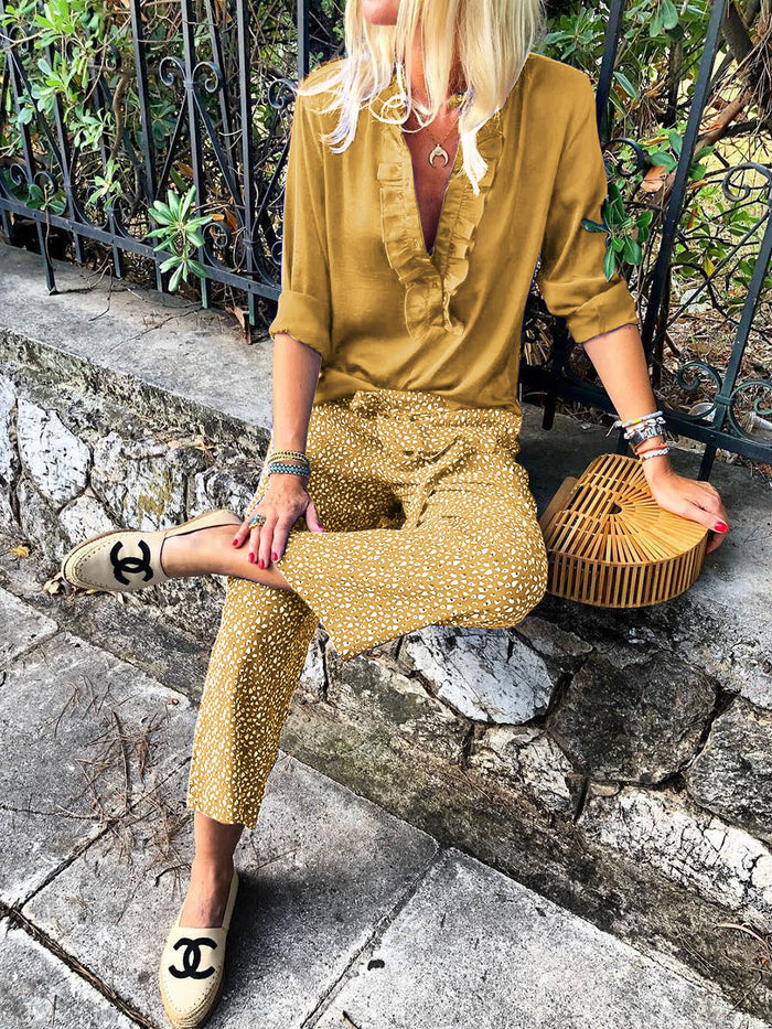 Bohemian Retro Casual Loose V Neck Top Floral Pants Set