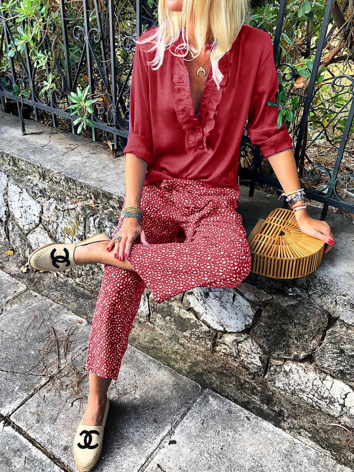 Bohemian Retro Casual Loose V Neck Top Floral Pants Set