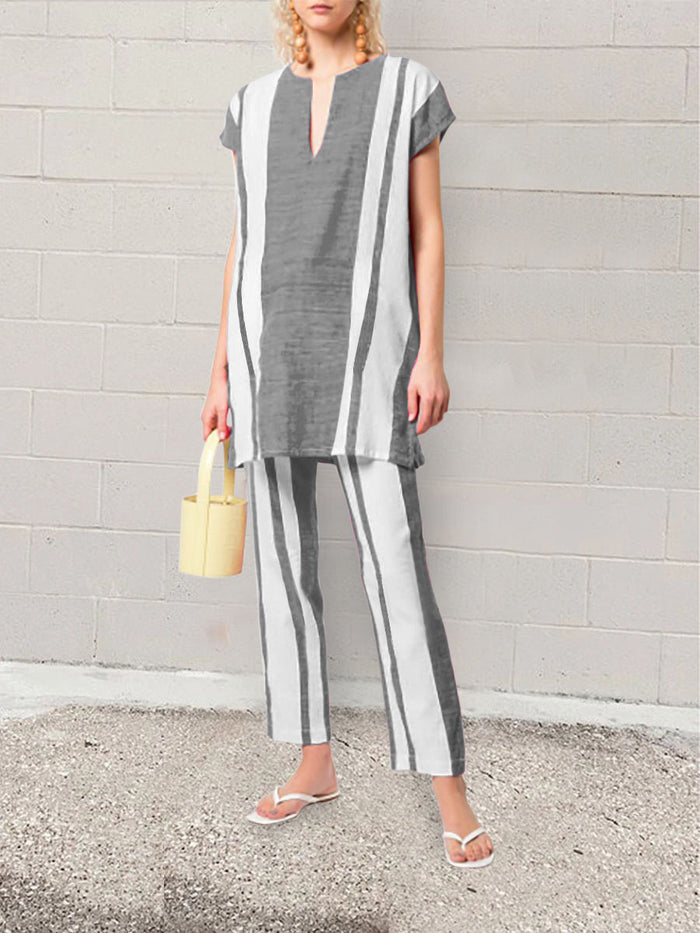Bohemian Retro Loose Casual Striped Top Pants Set
