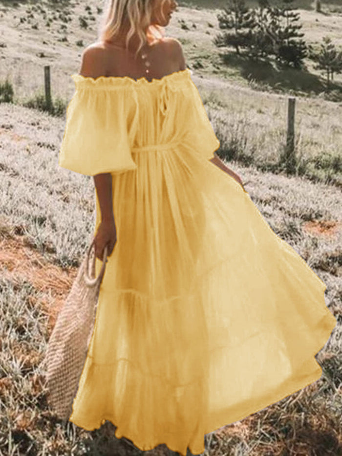 Bohemian Solid Color Off-the-shoulder  Maxi Dress