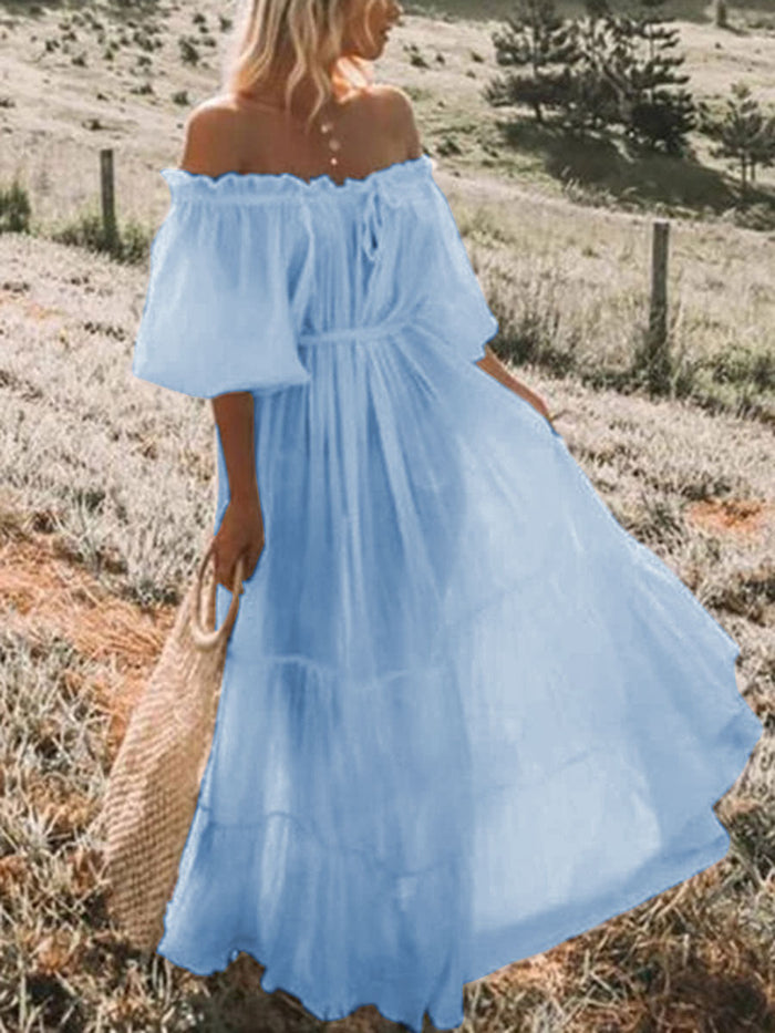Bohemian Solid Color Off-the-shoulder  Maxi Dress