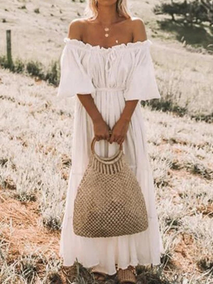 Bohemian Solid Color Off-the-shoulder  Maxi Dress