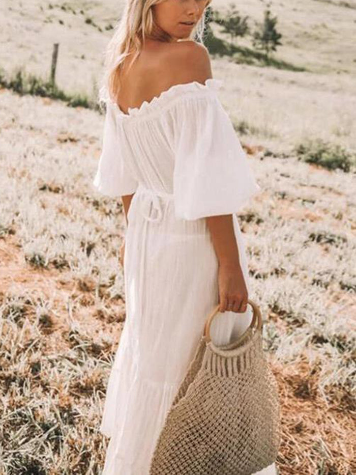Bohemian Solid Color Off-the-shoulder  Maxi Dress