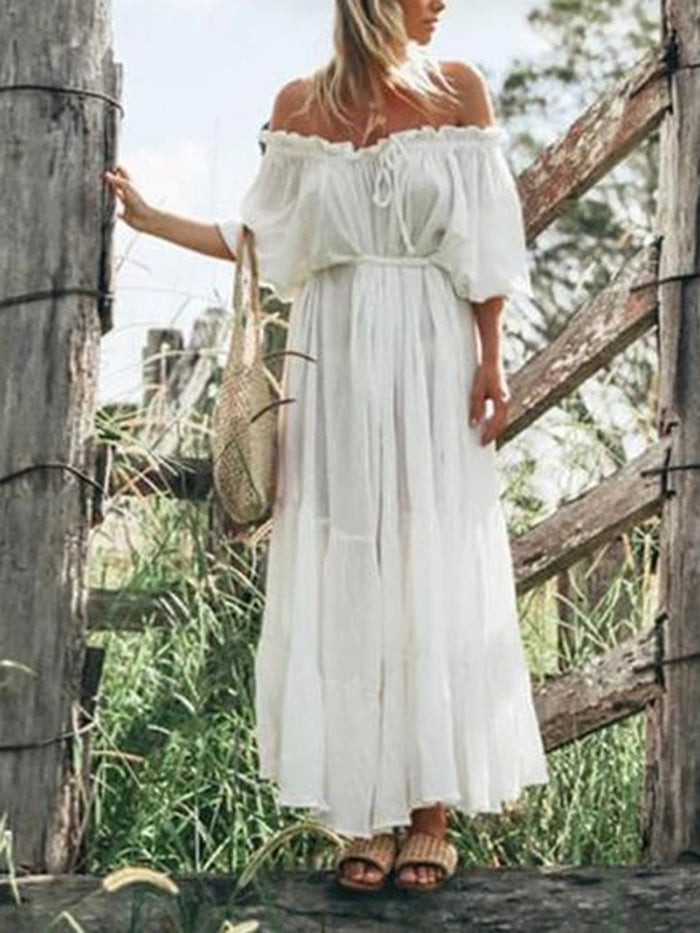 Bohemian Solid Color Off-the-shoulder  Maxi Dress