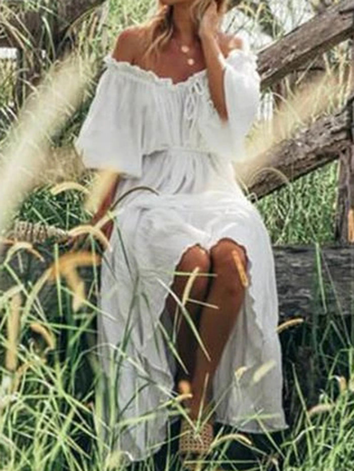 Bohemian Solid Color Off-the-shoulder  Maxi Dress