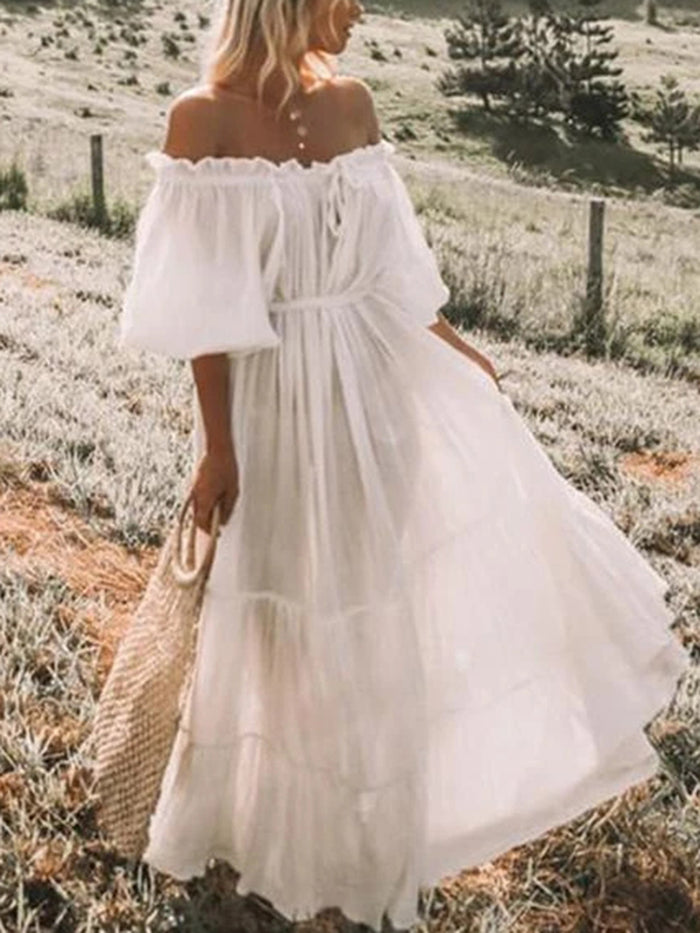Bohemian Solid Color Off-the-shoulder  Maxi Dress