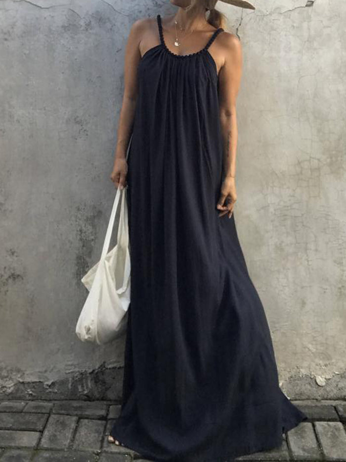 Bohemian Solid Color Suspender Dress