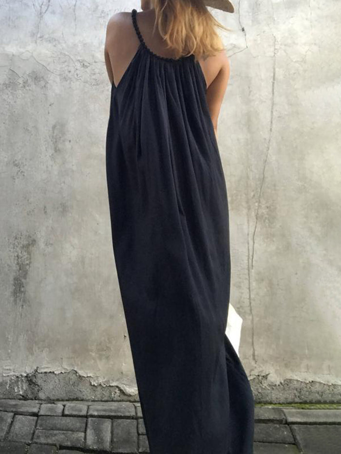 Bohemian Solid Color Suspender Dress