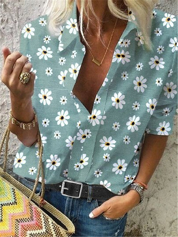 Bohemian Vintage Loose Casual Floral Daisy Print Top