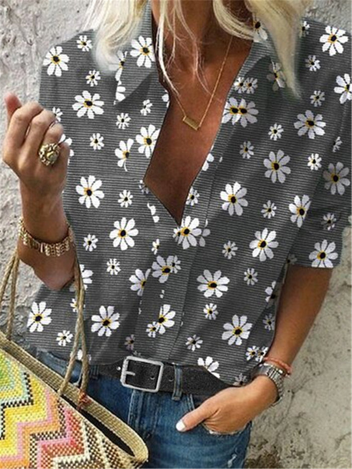 Bohemian Vintage Loose Casual Floral Daisy Print Top