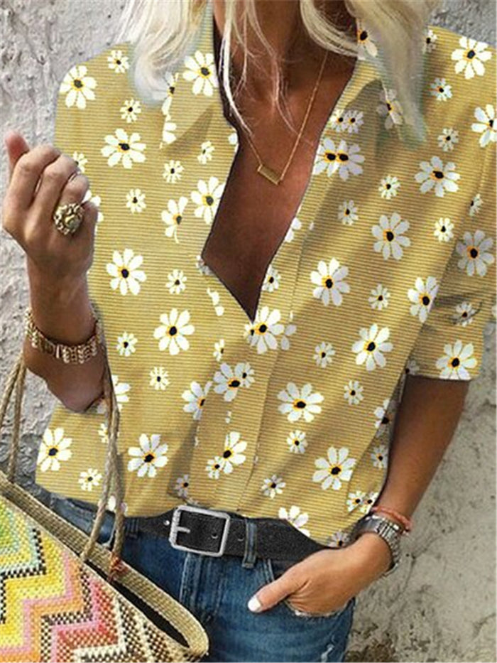 Bohemian Vintage Loose Casual Floral Daisy Print Top