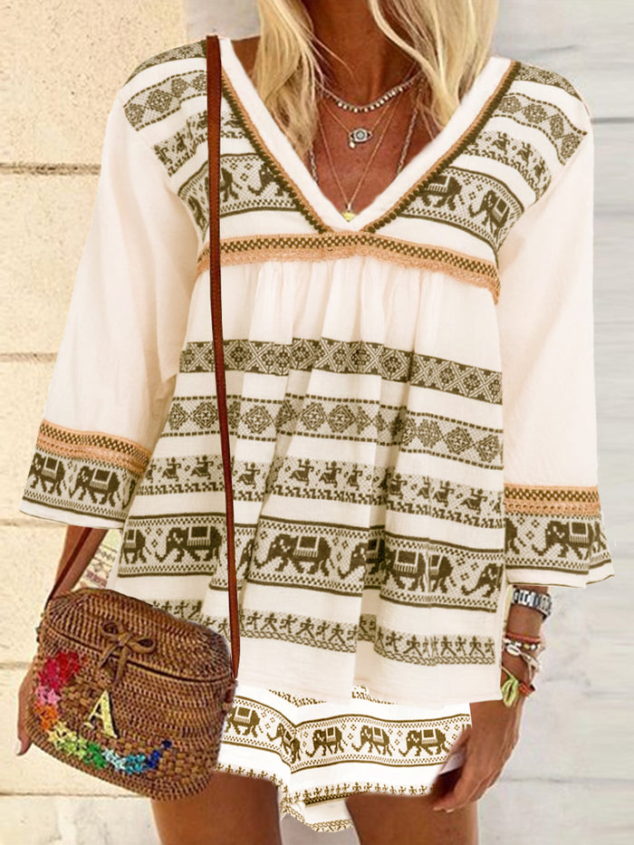 Bohemian Vintage Loose Casual Floral Printed Top Shorts Set
