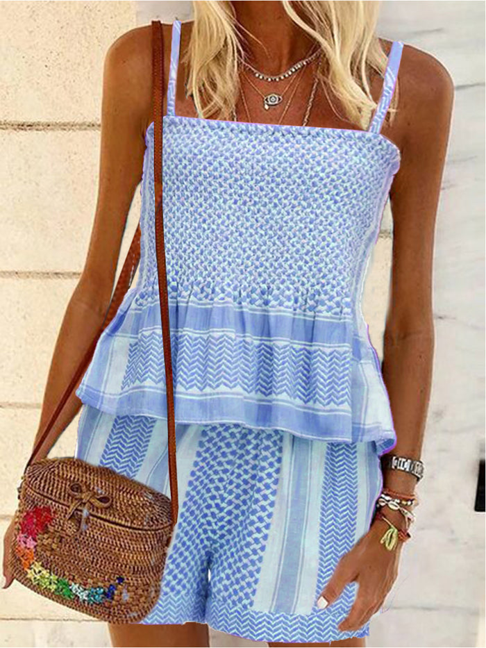 Bohemian Vintage Loose Casual Sling Tops Shorts Set
