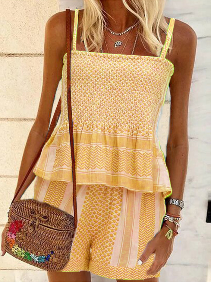 Bohemian Vintage Loose Casual Sling Tops Shorts Set